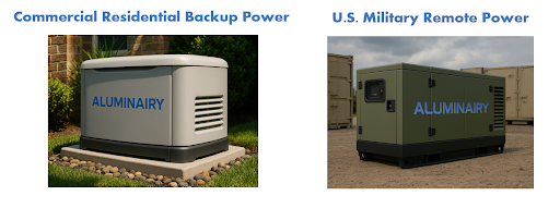 Two AluminAiry generator concepts: a residential standby unit on a pad and a ruggedized military remote-power unit