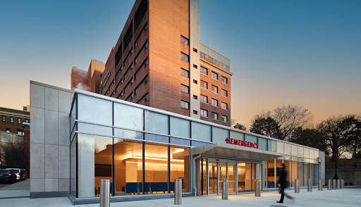 Hospital emergency entrance at dusk